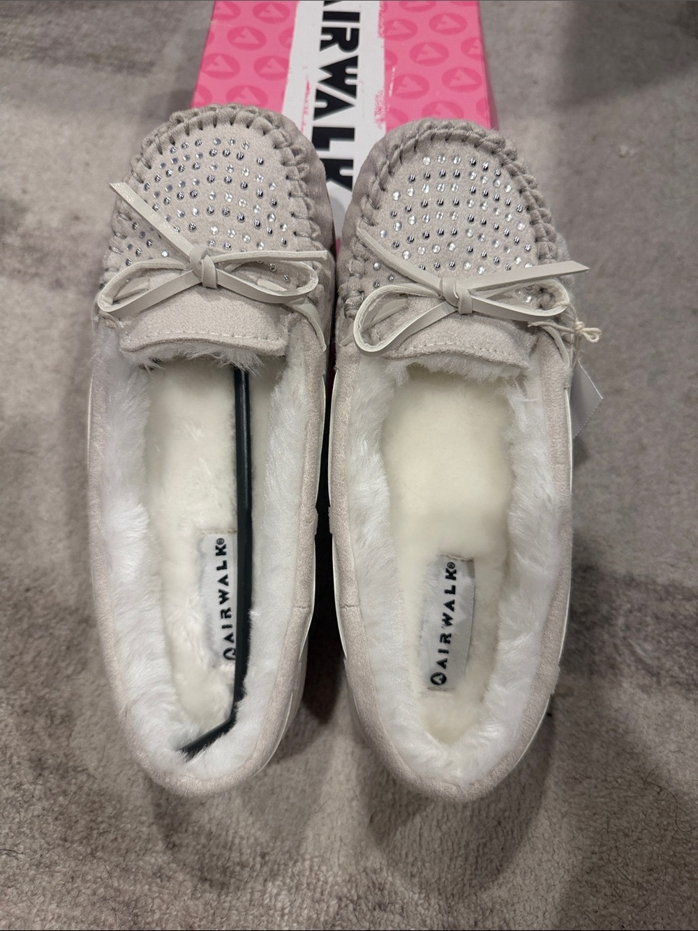 Airwalk Women's Light Gray Faux Fur Lined Slip-On Moccasin with Stud Detail